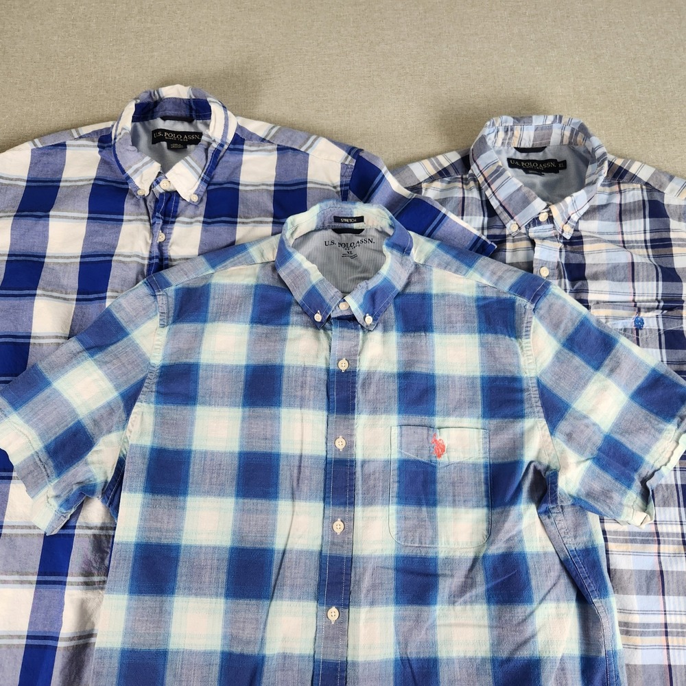 Lot of 3 US Polo Assn Mens XL Short Sleeve Plaid Button Shirts Blue White EUC